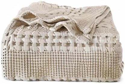 PHF 100% Cotton Waffle Weave Blanket Queen Size, Soft Lightweight Breathable Cozy Summer Blankets for Bed, Luxury Aesthetic Woven Bedding for Home Decor, 90"x90", Oatmeal