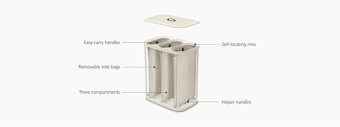 Joseph Joseph Tota Trio 90 liter/23.8 gallon Laundry Hamper Separation Basket with lid, 3 Removable Washing Bags with Handles- Ecru