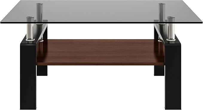 Glass Coffee Table Rectangle Living Room Center Table, with Gray Tempered Glass Tabletop and Brown MDF Layer,for Living Room and Office, Gray+Brown
