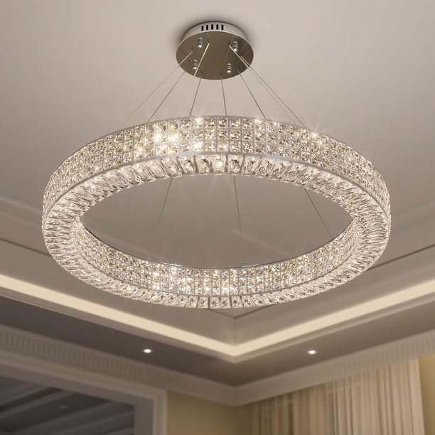 Dia 32" Ring Crystal Chandelier Modern Silver Ring Chandelier Adjustable Height Luxury Crystal Pendant Ceiling Light Fixture for Dining Living Room Bedroom