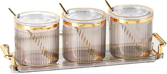 Acrylic Condiment Spice Jars,Condiment Spice Box With Lids and Spoons and Tray,Clear Plastic Condiment Canisters,Seasoning Box 3 Pack,Seasoning Box Set for Kitchen to Storage Salt,Paprika,Sugar