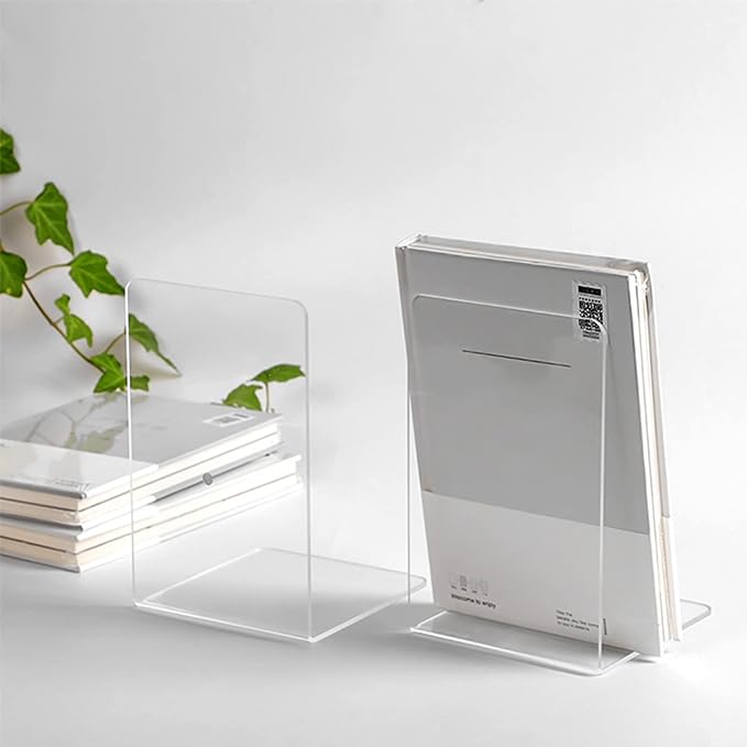 Lulonpon 8 Pieces Book Ends, Bookends, Books Stand, Books Stoppper, Clear Bookend for Shelves, Acrylic Book Ends for School, Library, Desktop Organizer 