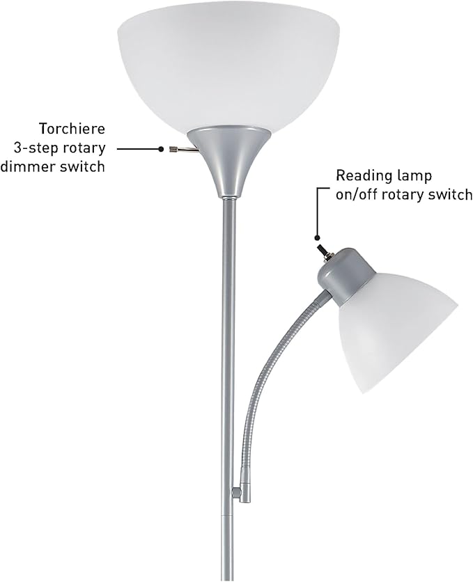 GLOBE Electric 67134 72" Torchiere Floor Lamp and Adjustable Reading Light, Silver, Frosted Shade, Dual Rotary Switch, 3-Step Dimming, Modern Lighting for Living Room or Office, Timeless