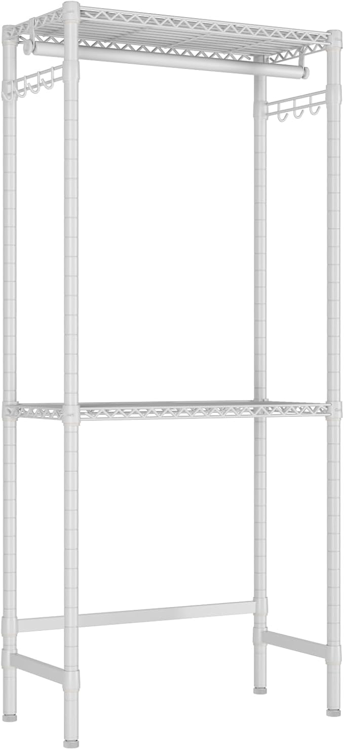 Over Washer and Dryer Shelves,2 Tier Adjustable Height Wire Shelving Laundry Room Storage Organization Clothes Drying Rack with Hanger Rod&Hooks,Space Saving Organizers Shelf,White