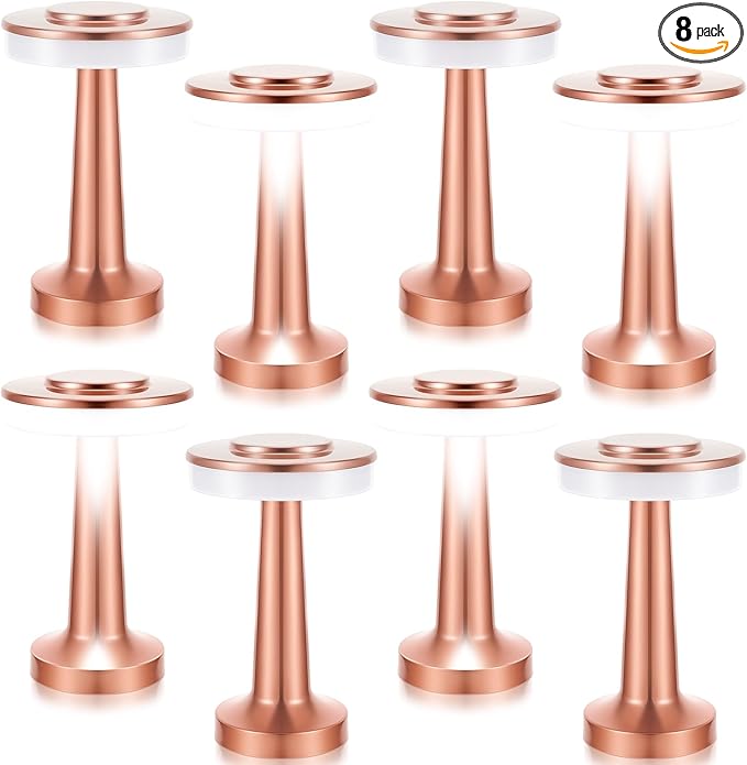 VIHOSE Set of 8 LED Portable Cordless Table Lamp with Touch Sensor 3 Color Stepless Dimming Rechargeable Battery up to 15 Hours Cordless Table Light Wireless Lamp for Nursery(Rose Gold)