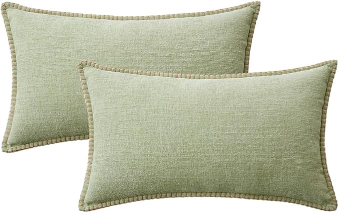 MIULEE Pack of 2 Couch Throw Pillow Covers 12x20 Inch Light Green Farmhouse Decorative Pillow Covers with Stitched Edge Soft Chenille Solid Dyed Spring Pillow Covers for Sofa Bed Living Room