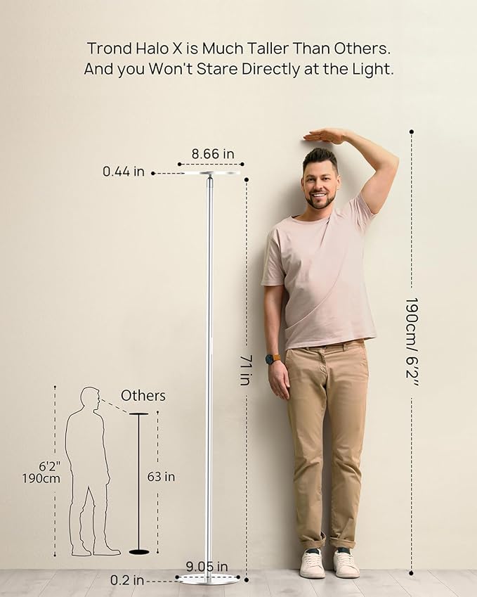 TROND Floor Lamp, 5000LM Super Bright Sky LED Modern Torchiere Standing Lamp, 3000K Warm White with 5-Level Dimmable, 71 in Tall Pole Light, 30-Minute Timer, Modular Rod, Wall Switch Compatible