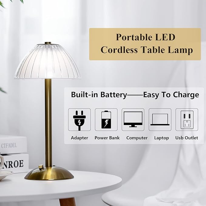 Liliful 1 Pcs LED Portable Cordless Table Lamp Touch Battery Operated Rechargeable Desk Lamp 3 Color Dimmable for Bedroom Living Room Dining (Mushroom Style,Gold)