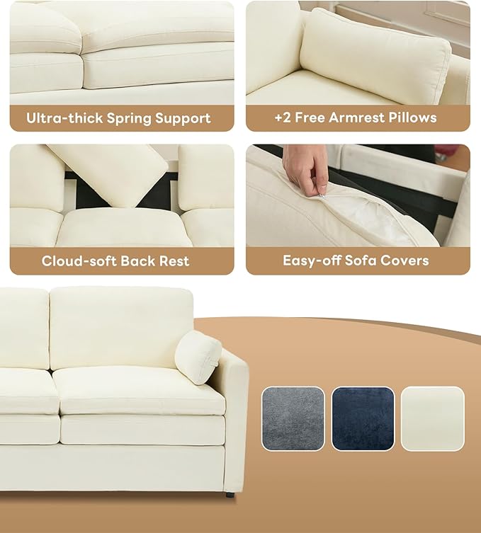 Tbfit Modern Couch Sofa, 89" Cloud Couch w/Pillows, Pocketed Spring Seat, Comfy 3-Seater Plush Foam Cushions, Chenille Fabric Removable Covers, Soft Upholstered Living Room Furniture Apartment, Beige