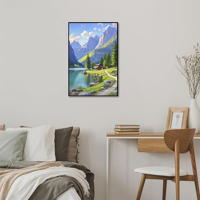 Landscape wall painting of mountain forest lakeside cabin under blue sky and white clouds natural oil painting poster suitable for living room bedroom office