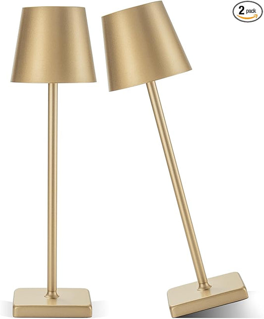 HASUN 2 Pack Rechargeable Table Lamp, LED Cordless Desk Lamp, 5200mAh Battery Operated Table Light, Aluminum Shell, 3 Color Stepless Dimming Up Waterproof for Coffee Table/Indoor/Outdoor (Gold)
