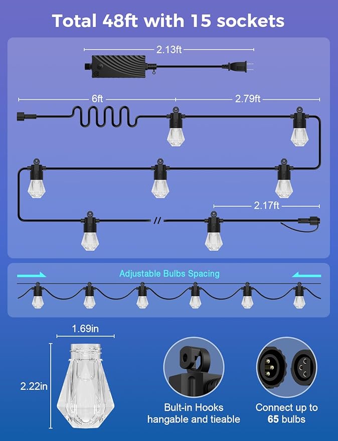 XMCOSY+ 48FT Smart Outdoor String Lights - RGBCWIC Dimmable Acrylic Bulbs, Color Changing LED Patio Lights APP WiFi Control, Compatible with Alexa, IP65 Waterproof Outside Lights for Yard Porch