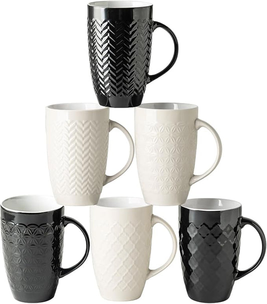 AmorArc Large Coffee Mugs Set of 6, 20oz Ceramic Tall Coffee Mugs Set with Textured Geometric Patterns for Coffee/Tea/Beer/Hot Cocoa, Dishwasher & Microwave Safe, Black&Beige