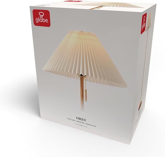 GLOBE Electric 61000053 62" Floor Lamp, Wood-Toned Finish, Pleated Fabric Shade, Pull Chain Switch, Reading Light, E26 Base, Modern Classic Lighting for Living Rooms and Bedrooms
