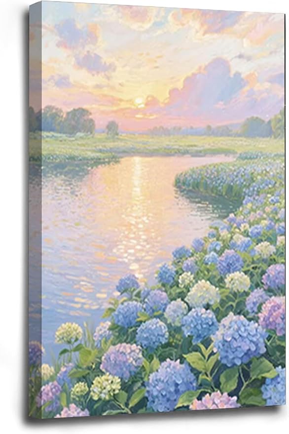 The hydrangea scenery all over the lake at sunset is suitable for posting in the living room bedroom office landscape poster wall painting