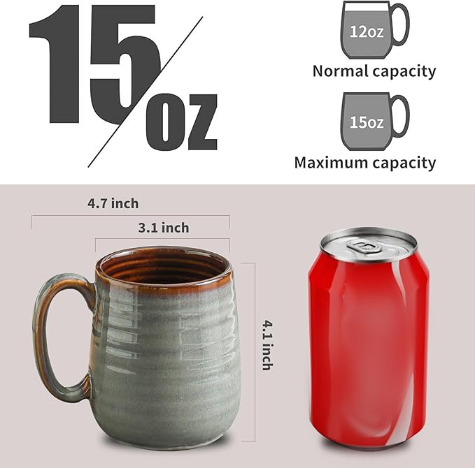 Hasense 12 oz Coffee Mugs, Ceramic Coffee Cups Set of 6, Stoneware Latte Mug with Large Handle for Coffee, Tea, Milk and Chocolate, Easy Hold & Clean, Dishwasher & Microwave Safe, Light Grey