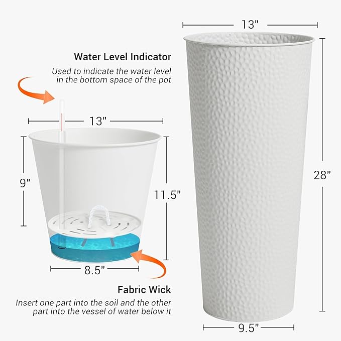Worth Garden 2-Pack 28" H. Metal Planter with 2X Inside Pots - Hand-Hammered Texture Tall Cone Plant Pots - Large Handcrafted Flower Pot for Indoor Outdoor, Deck, Patio, Front Porch - White