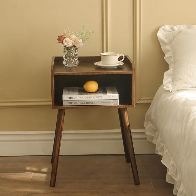 MaxSmeo Night Stand Set 2, Mid Century Modern Side Table Bedroom with Storage, Small End Bedside Table Set of 2 with Solid Wood Legs for Living Room, Office Small Spaces (Rustic Brown)