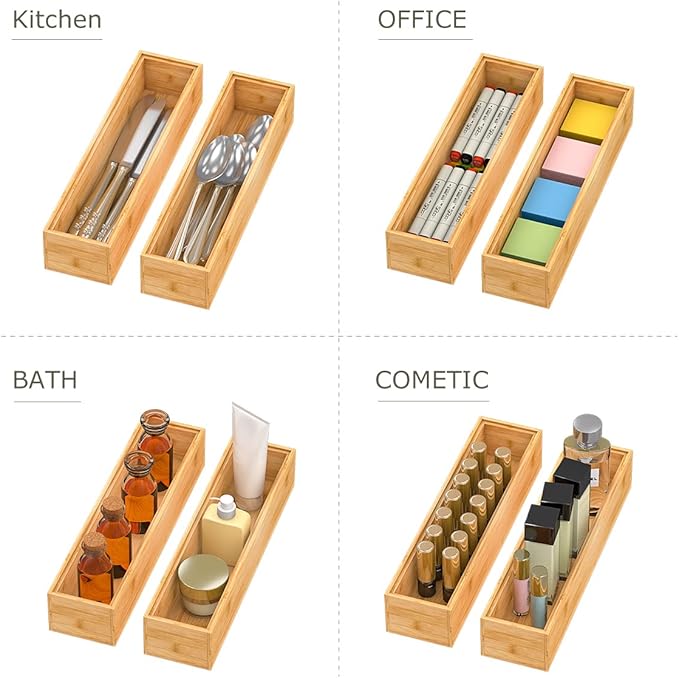 Bamboo Kitchen Drawer Organizer, Stackable Silverware Tray Utensil Organizer Cutlery Holder for Kitchen,Wooden Storage Box for Bathroom, Multi-Use Storage Bins Dividers for Office(12x3x2.5 inch)