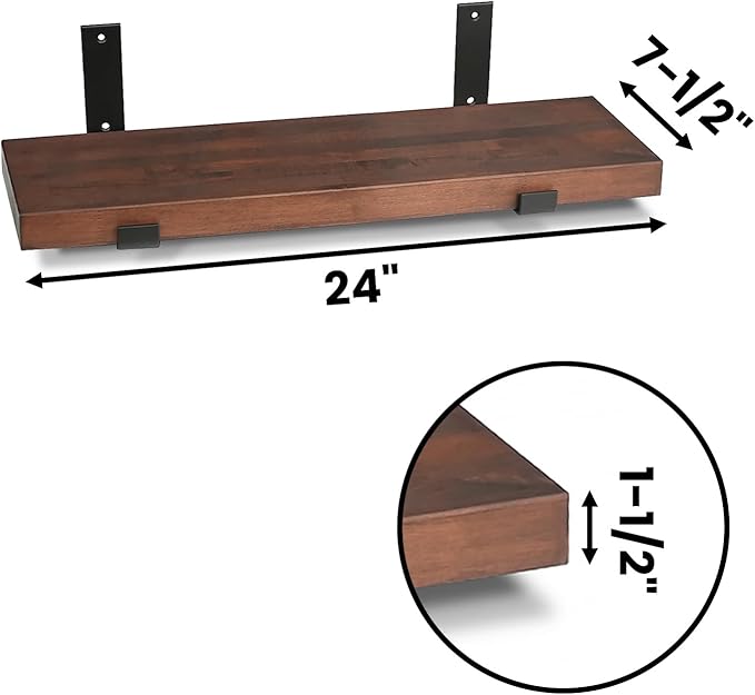CONSDAN Floating Shelf for Wall Mounted Book Shelf Hanging Shelves Floating Bookshelf for Bedroom, Bathroom, Living Room, Kitchen USA Grown Solid Hardwood, Dark Maple 24x7.5x1.5 in