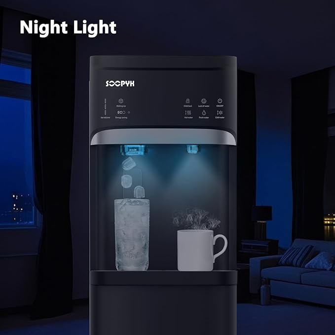 Self Cleaning Hot and Cold Bottom Load Water Cooler Dispenser with Ice Maker for 5 Gallon 3 Temperature Settings 22lbs Daily Capacity Black