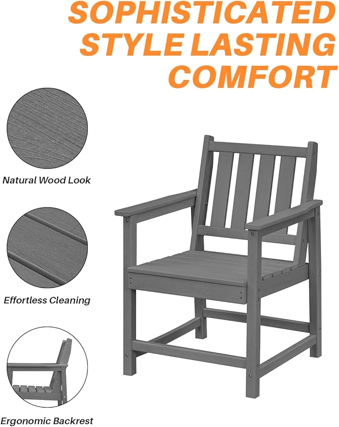Patio Dining Chair Set of 2, HDPE Outdoor Dining Chair, Ergonomic HDPE Dining Chairs with Deep Seating, All Weather Outdoor Chairs Furniture for Backyard, Deck, Garden, Poolside, Smoke Gray