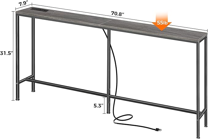 SUPERJARE 70 Inch Console Table with Outlet, Sofa Table with Charging Station, Narrow Entryway Hallway Table, Behind Couch Table, for Living Room, Charcoal Gray