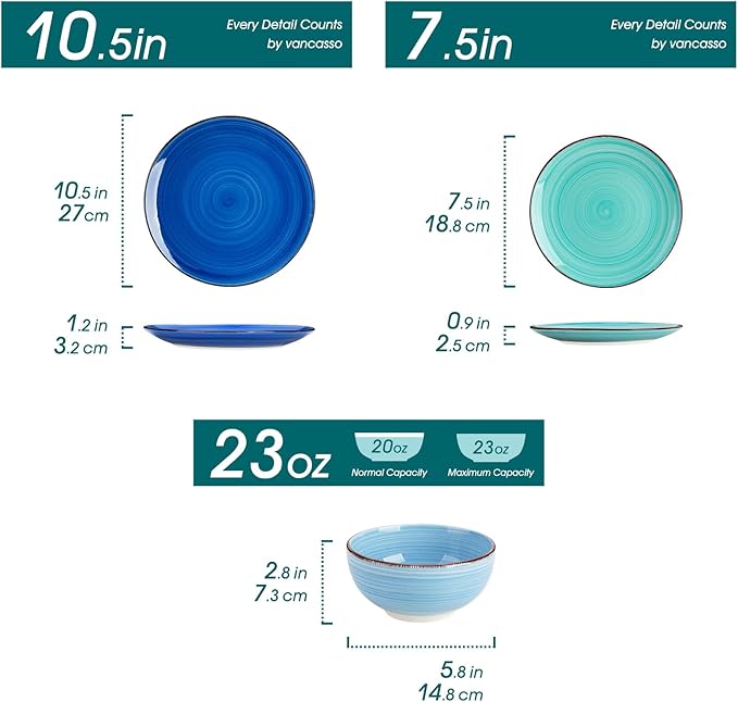 vancasso Bonita Dinnerware Set Blue Stoneware 18 Pieces Service for 4, Handpainted Spirals Pattern Stoneware Plates and Bowls Set