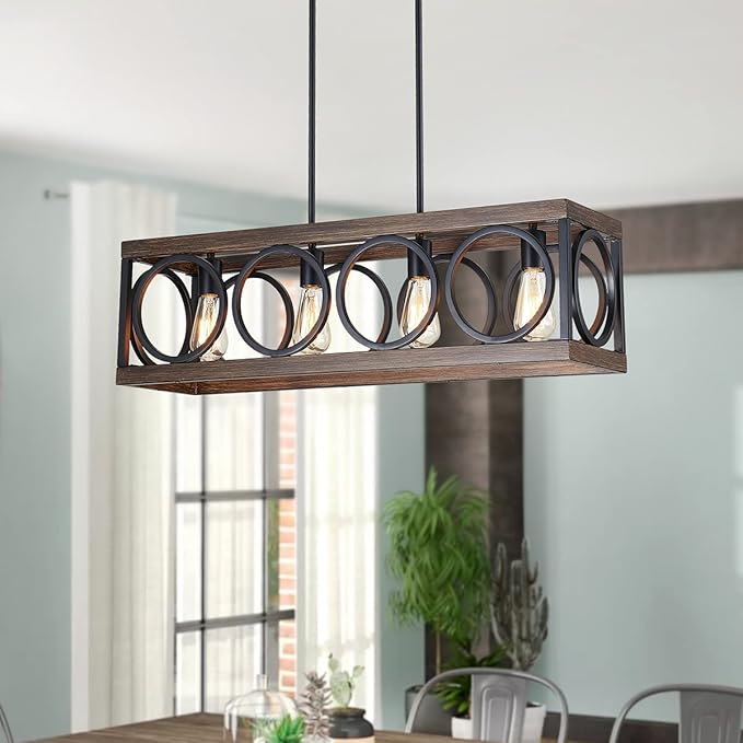 XINGQI Black Kitchen Island Light Fixtures, Farmhouse Dining Room Chandelier Rectangular Linear Chandeliers Pendant Ceiling Light Fixture for Bar Office Coffee Shop 4-Light Wood Grain