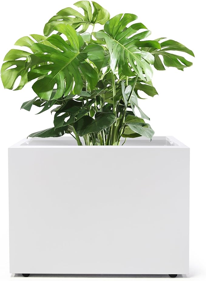 Metal Planter Box Rectangular Block-No Installation Required Galvanized Steel Long Box Planter Modern Outdoor Planters All-Weather Use with Drainage Holes for Patio/Porch,16 ×12×12IN(White)