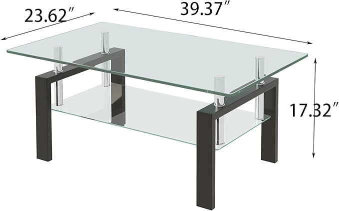 Glass Coffee Table Rectangle Living Room Center Table, with Tempered Glass Tabletop Black Metal Leg,for Living Room and Office (Dou-Clear Glass)