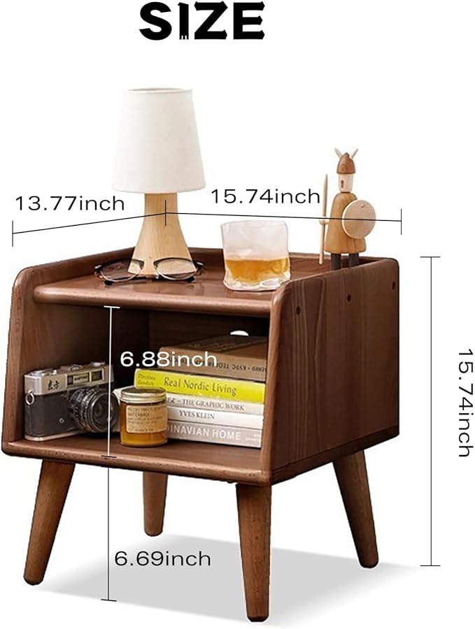 Small Bedside Table - 100% Solid Oak Wood Nightstand with Open Design - Small Side End Table for Bedroom Living Room, Easy Assembly (Walnut Color)