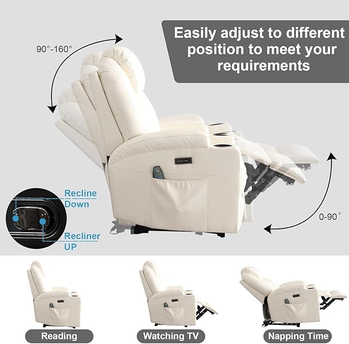 Power Recliner Chair with Heat and Massage, PU Leather Home Theater Seating with LED Lights/Cup Holders/Side Pocket/USB Port, Reclining Sofa Chair for Living Room (1, Beige)
