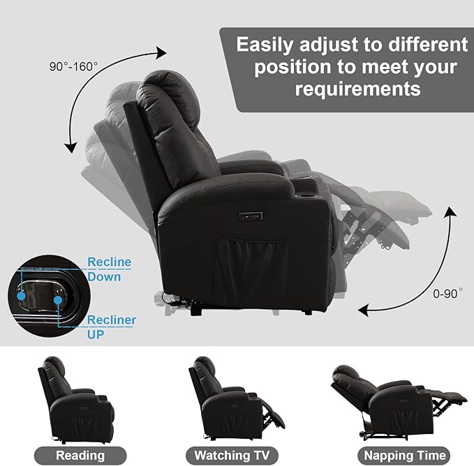 Power Recliner Chair with Heat and Massage, PU Leather Home Theater Seating with LED Lights/Cup Holders/Side Pocket/USB Port, Reclining Sofa Chair for Living Room(2, Brown)