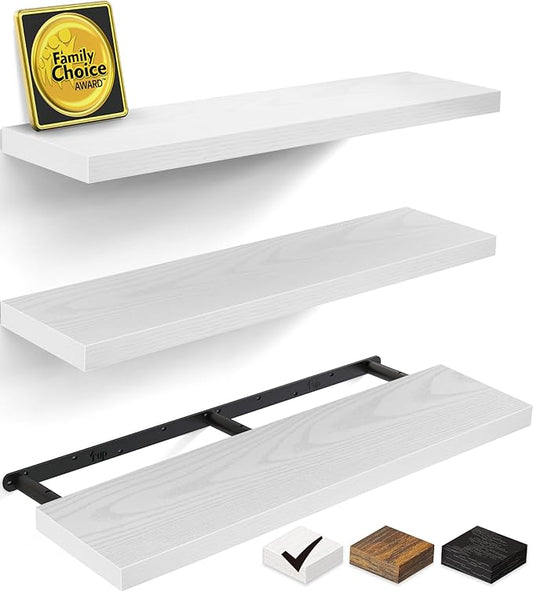 BAYKA Floating Shelves for Wall, 36 inches Wall Mounted Rustic Wood Shelves for Bathroom, Bedroom, Living Room, for Storage/Decor with 30lbs Capacity(White,Set of 3