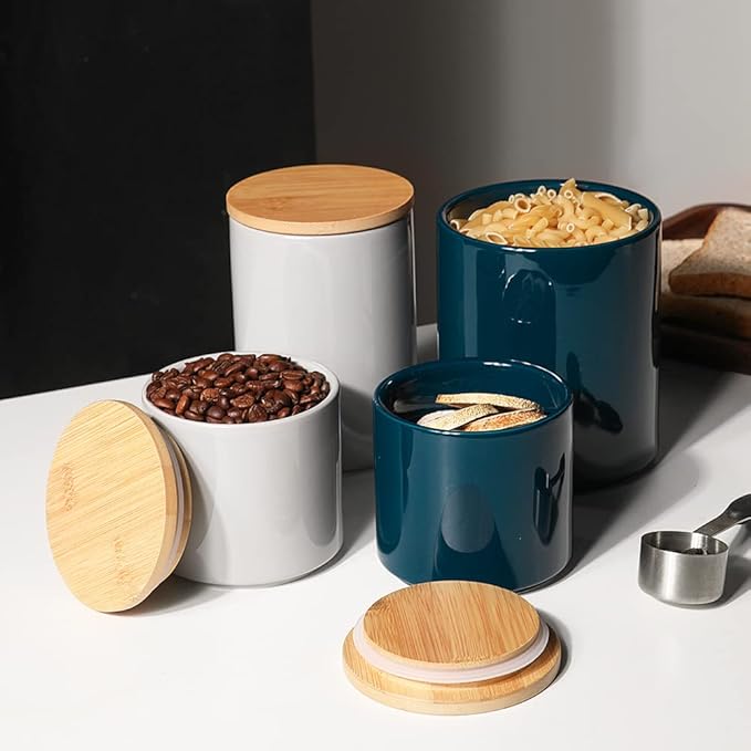 Sweejar Ceramic Kitchen Canister Sets, Porcelain Container for Countertop, Heavy Food Storage Jars with Airthight Seal Bamboo Lid, Servering for Sugar, Coffee Beans, Tea Leaves, Pack of 4(Gray)
