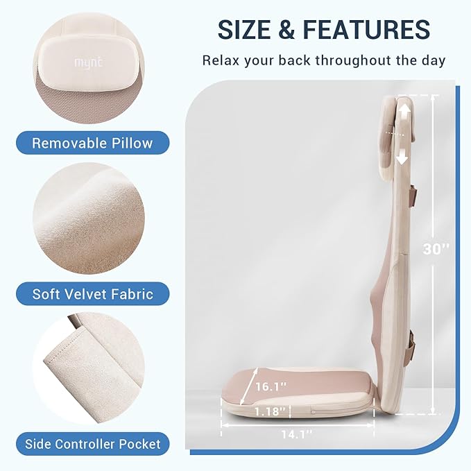 Mynt FSA HSA Eligible Foldable Back Massager, Chair Massager with Soothing Heat, Flexible Massage Chair Pad with Soft S-Curve Longer Track Adjustable Pillow for Diverse Body Contours, FSA/HSA Approved