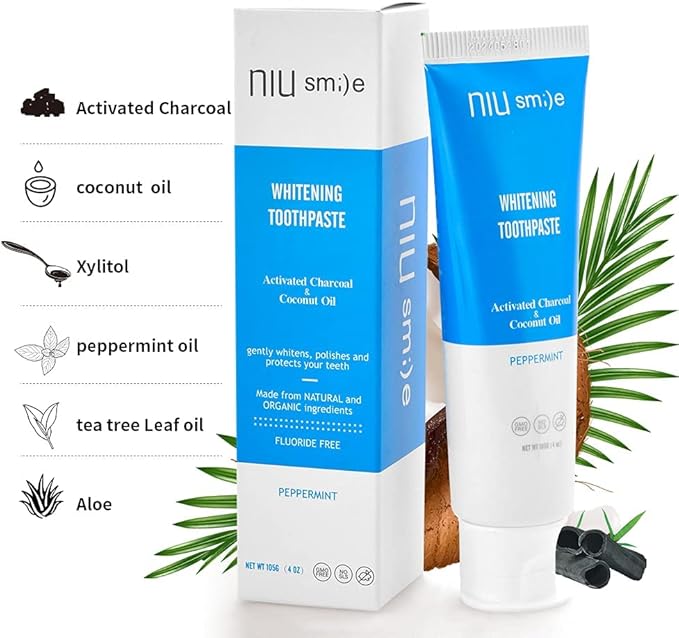Niusmile Teeth Whitening Toothpaste | Activated Charcoal & Coconut Oil | SLS & Fluoride Free | Peppermint Taste