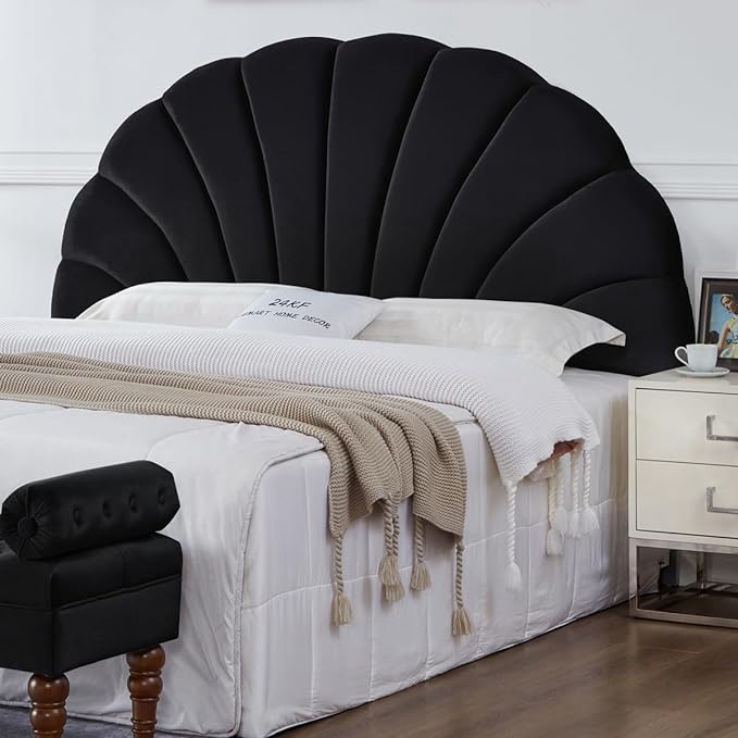24KF Stunning Crown Design King Headboard, Upholstered Soft Velvet Petal Pattern Headboard King/CA King-Black