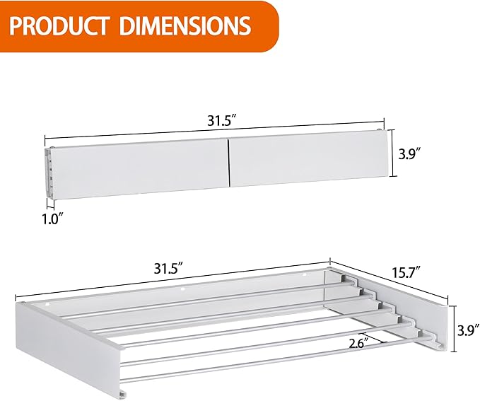 FOCHIER F Laundry Drying Rack Wall Mounted Clothes Drying Rack Collapsible with 5 Aluminum Rods and Drilling Template Long Screwdriver Bit 60 lbs Capacity (White, 31.5")