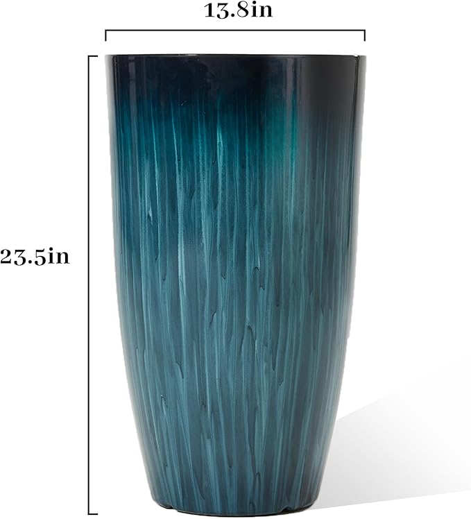 KOL 2-Pack 23.5" Plastic Planters, Gradient Blue Glossy Large Tall Plant Pots, Lightweight Decorative Flower Containers with Drainage Hole & Dual-Purpose Saucer – Indoor & Outdoor Use Front Porch
