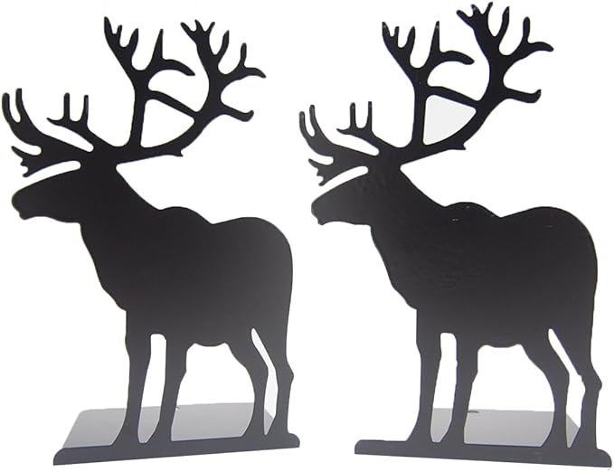 Winterworm Fashion Creative Cartoon Cute Iron Elk Moose Pattern Nonskid Metal Office Desk Bookends (Black)