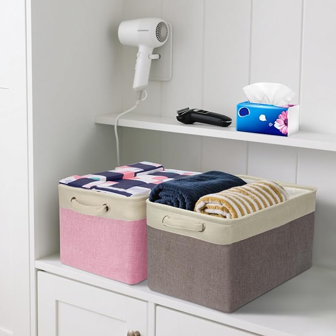 BALEINE 3 Pack Fabric Storage Bins for Shelves, Linen Storage Baskets for Organizing, Decorative Closet Bins for Clothes, Home (Green, 15''x11''x9.5'')