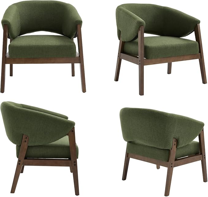 Mid-Century Modern Accent Chair, Comfy Barrel Armchair with Wide Seat, Upholstered Lounge Chair with Walnut Wood Legs for Living Room/Bedroom/Reading Corner, Linen Fabric, Deep Green, 1PC