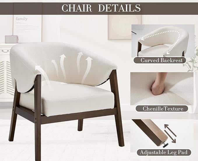 Mid-Century Modern Accent Chairs Set of 2, Comfy Barrel Armchairs with Wide Seat, Upholstered Lounge Chairs with Walnut Wood Legs for Living Room/Bedroom/Reading Corner, Chenille, Beige