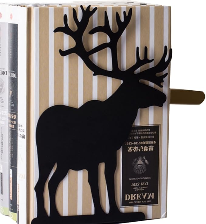 Winterworm Fashion Creative Cartoon Cute Iron Elk Moose Pattern Nonskid Metal Office Desk Bookends (Black)