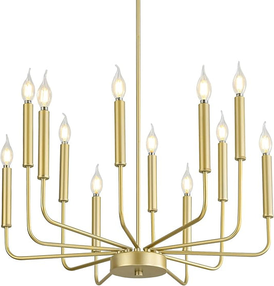 Modern Gold Farmhouse Chandeliers, 12-Light Industrial Metal Chandelier Lighting, Classic Candle Hanging Pendant Light Fixtures for Kitchen, Dining Room, Living Room, Entryway