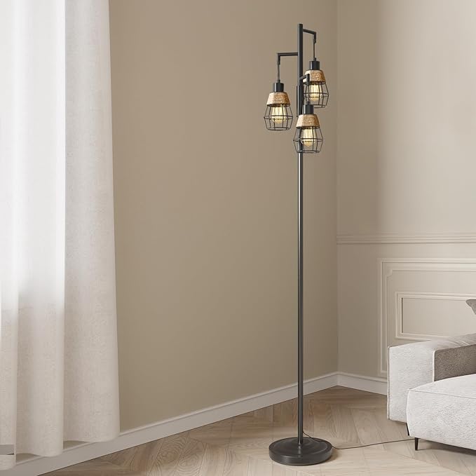 Oneach 68" Floor Lamps for Living Room, Stepless Dimmable Boho Floor Lamp with 3 Bulbs, Tall Farmhouse Industrial Corner Standing Tree Lamp for Bedroom, Office, Study Room, Dining Room, Black