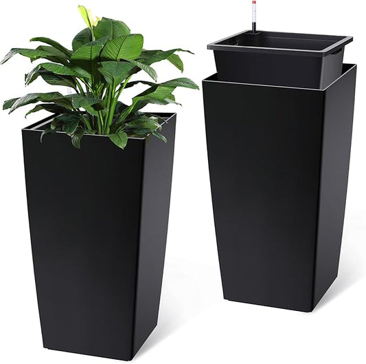 30" Tall Planters Set of 2, Outdoor&Indoor Black Planter Pots, High Front Porch Planter Pots with Drainage Holes&Water Level Monitor Movable Wheels &Inner Bucket, Automatic Watering,Black