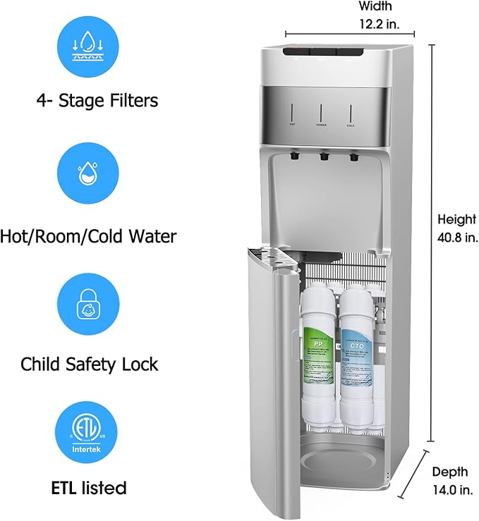 Self Cleaning Bottleless Water Cooler Dispenser with 4 Stage Water Filter 3 Temperature Settings Silver